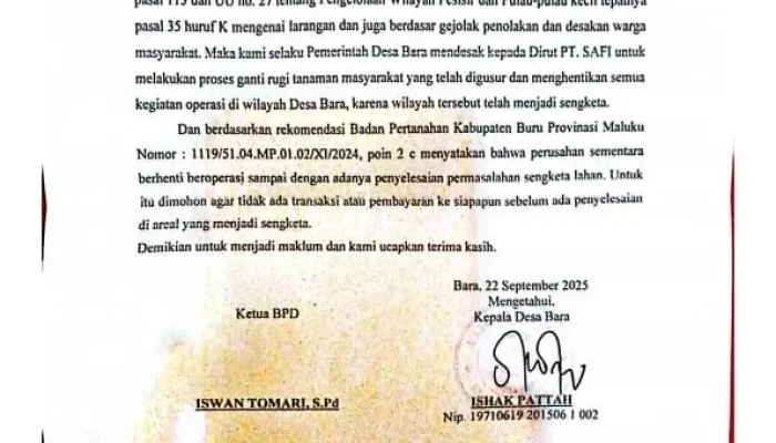 Pj Kepala Desa Bara Resmi Tolak Operasi PT SAFI: Tegaskan Kerugian Warga dan Dukung Hentikan Aktivitas Perusahaan