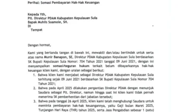 Somasi Meletup di PDAM Sula: Eks Direktur Tuntut Hak Keuangan, Plt. Direktur Dinilai Ingkari Pengakuan