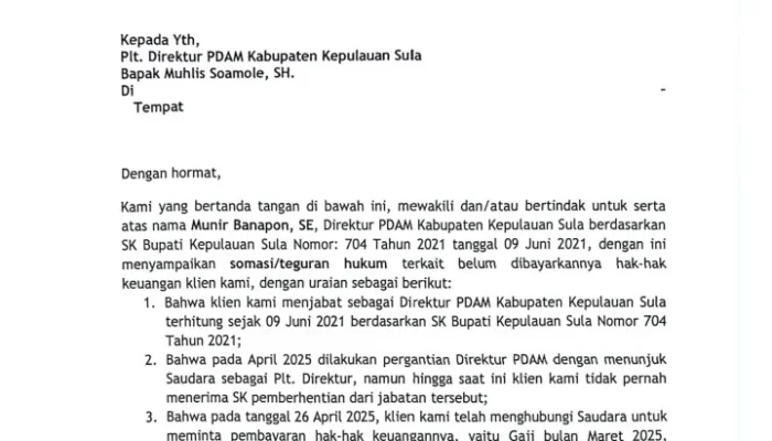 Somasi Meletup di PDAM Sula: Eks Direktur Tuntut Hak Keuangan, Plt. Direktur Dinilai Ingkari Pengakuan