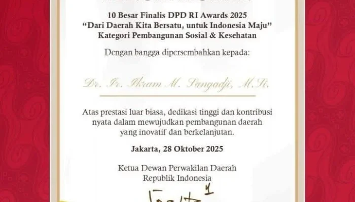 Ikram M. Sangadji Masuk 10 Besar Finalis DPD RI Awards 2025 Kategori Pembangunan Sosial & Kesehatan