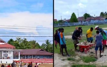 Tidak Tunggu Bantuan Pemerintah, Pemuda Sorong Selatan Gotong Royong Bersihkan Lapangan Trinati
