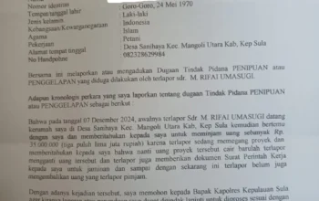 Ketua KNPI Sula Dilaporkan atas Dugaan Penipuan atau Penggelapan Rp35 Juta