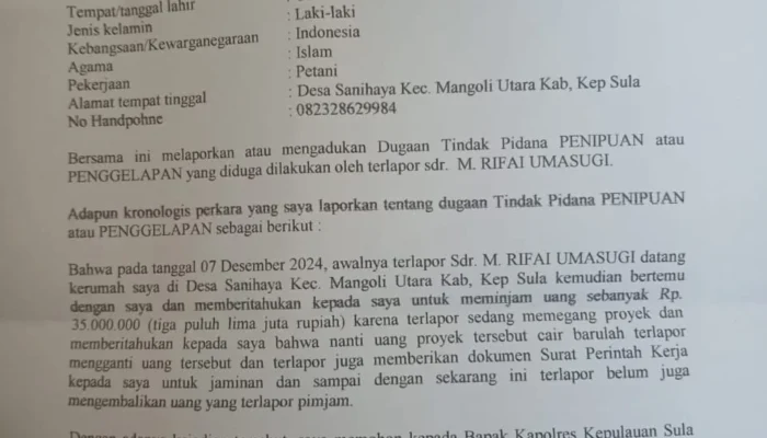 Ketua KNPI Sula Dilaporkan atas Dugaan Penipuan atau Penggelapan Rp35 Juta